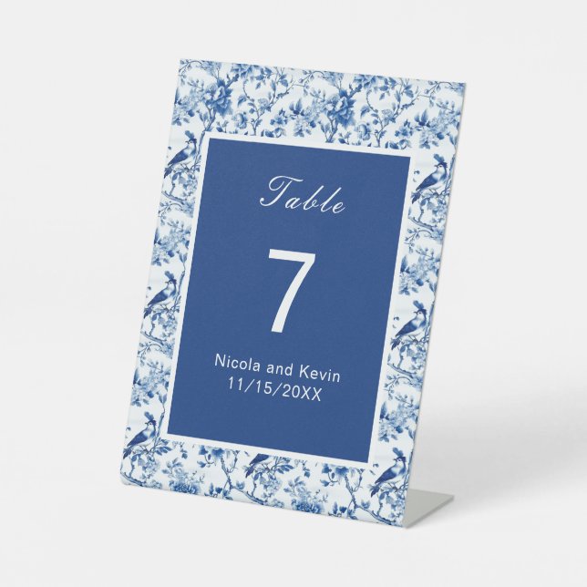 Chinoiserie Blaue Vögel und Blume Hochzeit Sockelschild (Vorderseite)