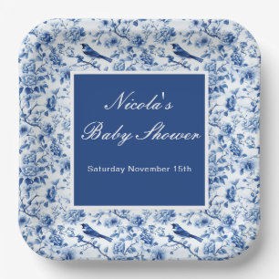 Chinoiserie Blaue Vögel und Blumen Baby Shower Pappteller
