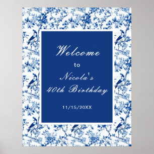 Chinoiserie Blaue Vögel und Blumen Brause Shower Poster