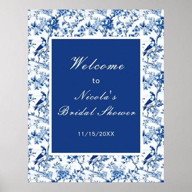 Chinoiserie Blaue Vögel und Blumen Brautparty Poster (Vorne)