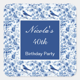 Chinoiserie Blaue Vögel und Blumen Geburtstag Quadratischer Aufkleber