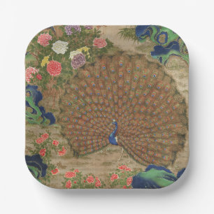 Chinoiserie Blauer Pfau mit exotischem Blumengarte Pappteller