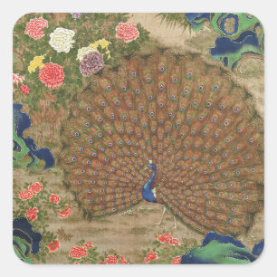 Chinoiserie Blauer Pfau mit exotischem Blumengarte Quadratischer Aufkleber