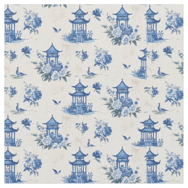 Chinoiserie Blaues Tessin Elegantes Design Stoff (Nahaufnahme)