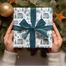 Chinoiserie Blaues Weihnachtsdorf-Geschenkpapier