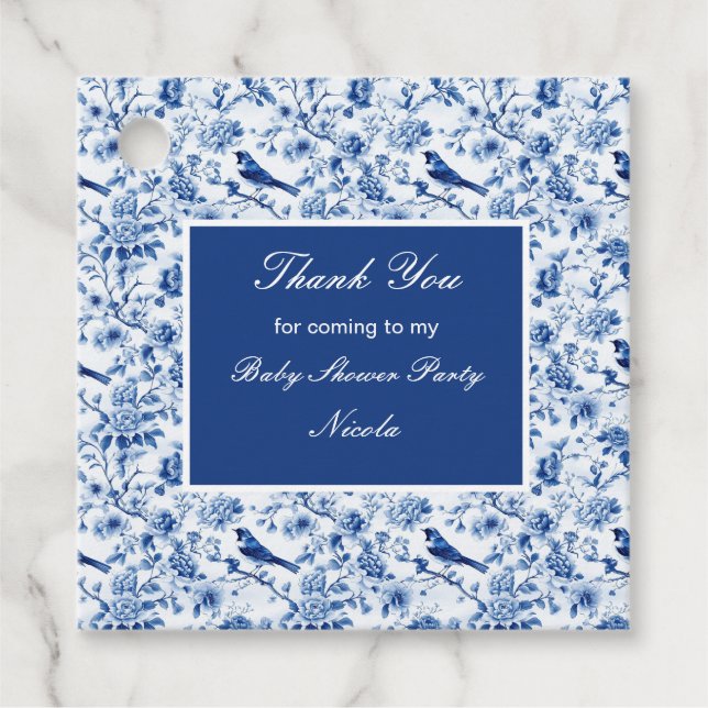 Chinoiserie Blue Birds and Flowers Baby Shower Geschenkanhänger (Vorderseite)