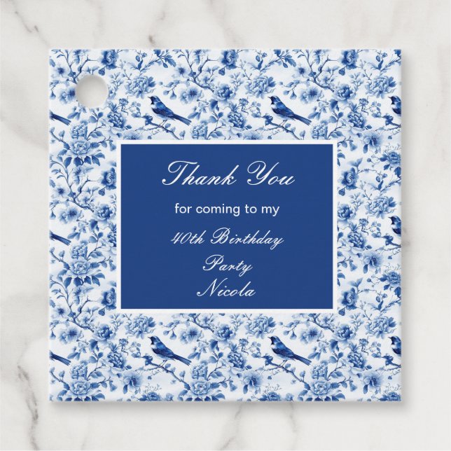 Chinoiserie Blue Birds and Flowers Birthday Geschenkanhänger (Vorderseite)