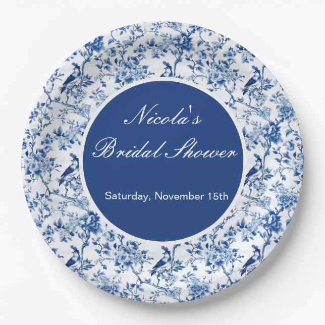 Chinoiserie Blue Birds and Flowers Bridal Shower Pappteller (Vorderseite)
