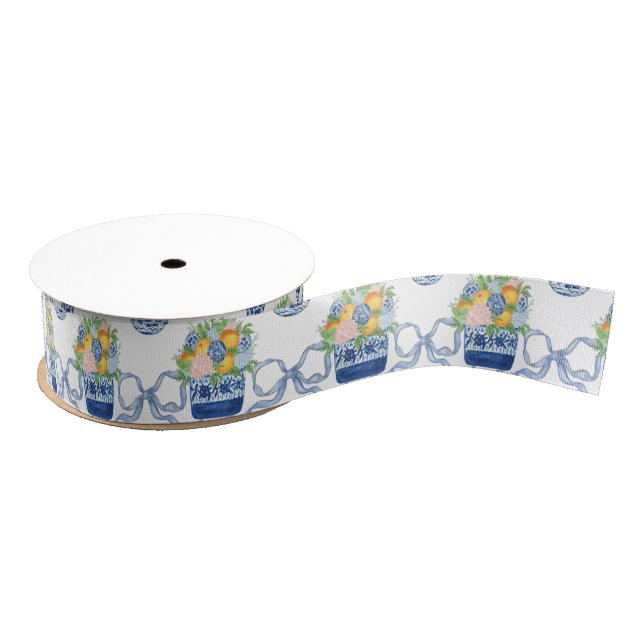 Chinoiserie Blue Bows & Mandarins Ripsband (Spule)
