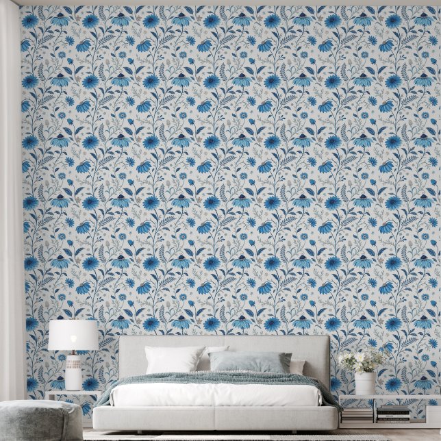 Chinoiserie Blue Echinacea Pattern Tapete (Schlafzimmer)