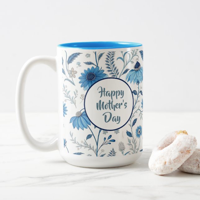 Chinoiserie Blue Echinacea Pattern Zweifarbige Tasse (Mit Donut)