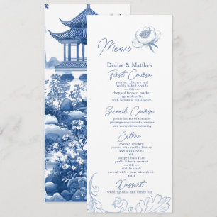 Chinoiserie Blue Elegante Pagode und Blumenstrauß Menükarte