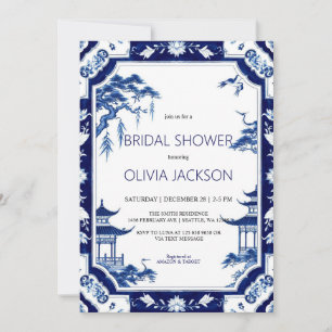 Chinoiserie Blue Floral Bridal Dusche Einladung