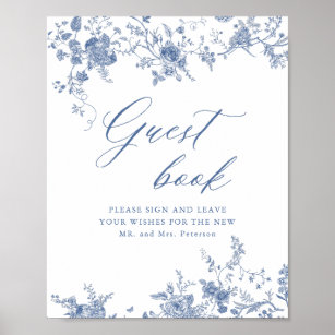 Chinoiserie Blue Floral Wedding Gästebuchunterschr Poster