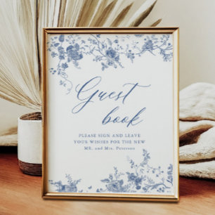 Chinoiserie Blue Floral Wedding Gästebuchunterschr Poster
