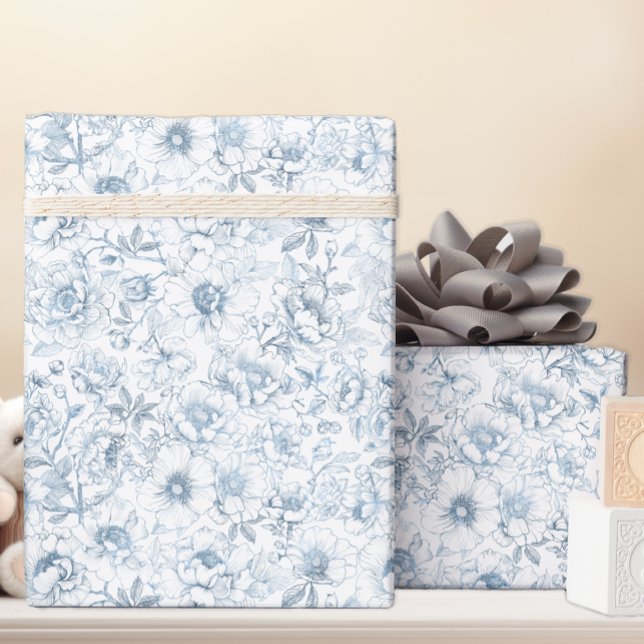 Chinoiserie Blue Floral Wrapping Paper Geschenkpapier (Dusty Blue Floral Gift Wrap)