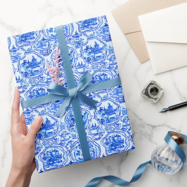 Chinoiserie Blue Pagodas Geschenkpapier (Schenken)