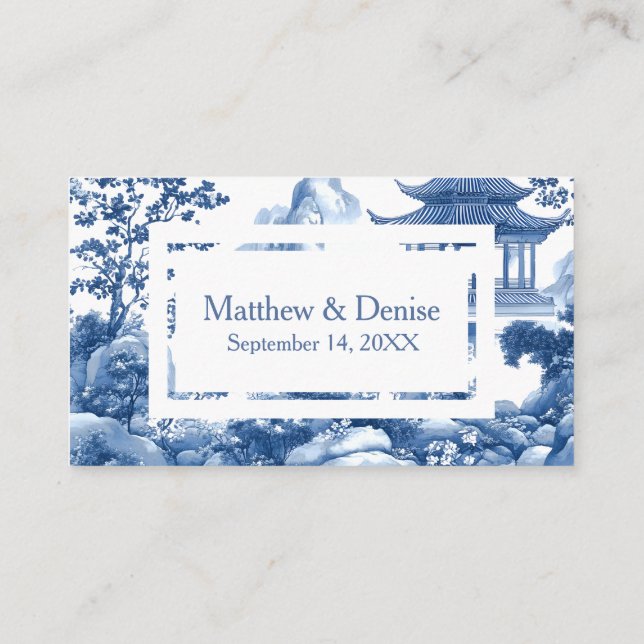 Chinoiserie Blue Toile Pagoda Wedding RSVP Begleitkarte (Rückseite)