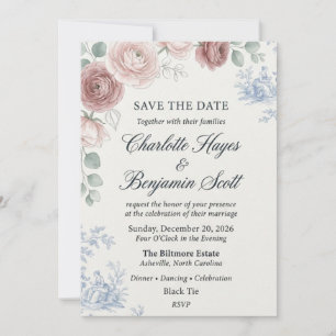 Chinoiserie Blue Toile und Dusty Rose Floral Einladung