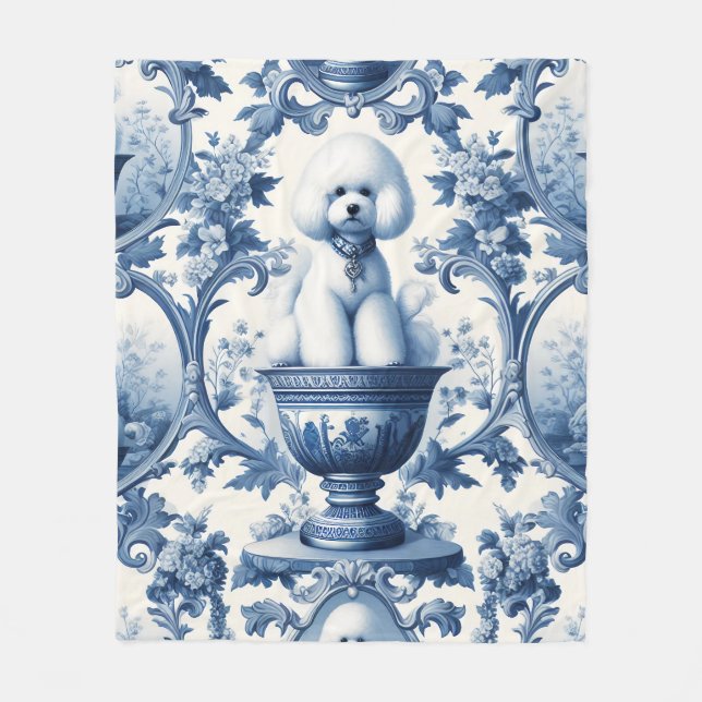Chinoiserie Blue White Bichon Frise Fleece Blanket (Vorderseite)