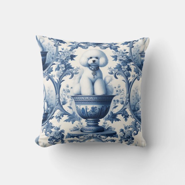 Chinoiserie Blue & White Bichon Frise Throw Kissen (Vorderseite)