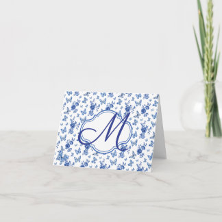 Chinoiserie Blue White Butterfly Rose Monogram Feiertagskarte