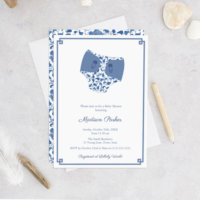 Chinoiserie Blue & White Diaper Wipes Baby Dusche Einladung (Chinoiserie Chic Blue And White Diaper Theme Baby Shower Invitation)