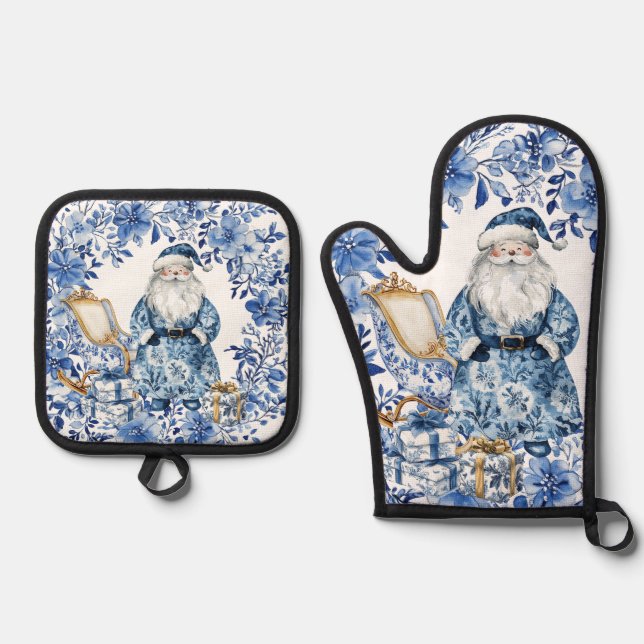 Chinoiserie Blue White Flora Weihnachten Ofenhandschuh & Topflappen-Set (Vorderseite)