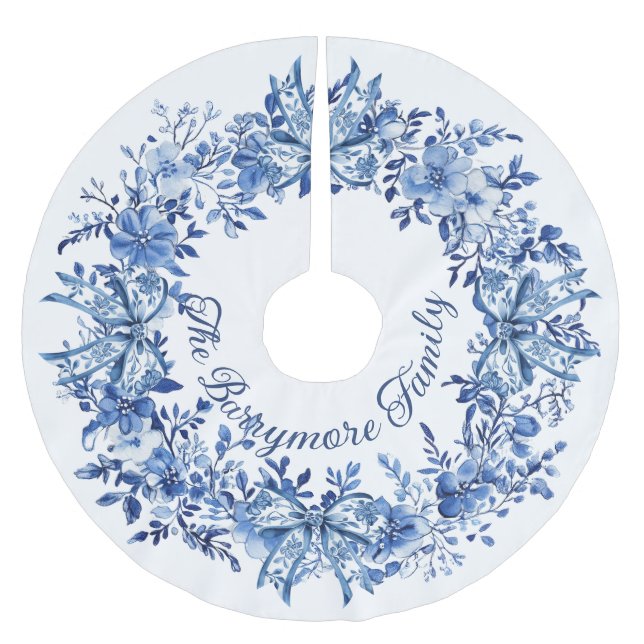Chinoiserie Blue White Floral Christmas Bows Polyester Weihnachtsbaumdecke (Vorderseite)