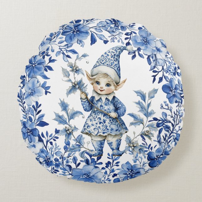 Chinoiserie Blue White Floral Christmas Elf Rundes Kissen (Vorderseite)