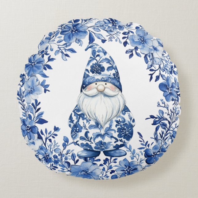 Chinoiserie Blue White Floral Christmas Gnome Rundes Kissen (Vorderseite)