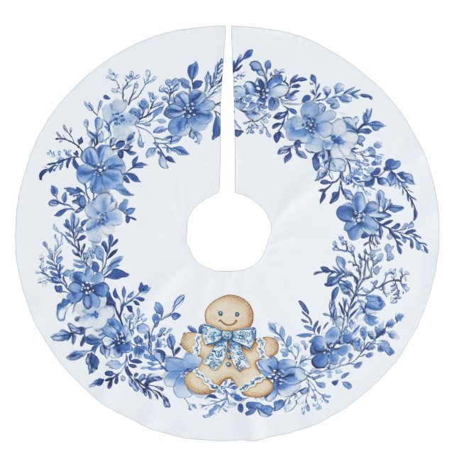Chinoiserie Blue White Floral Gingerbrot Man Polyester Weihnachtsbaumdecke (Vorderseite)