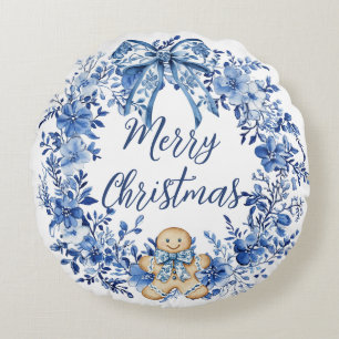 Chinoiserie Blue White Floral Gingerbrot Man Rundes Kissen