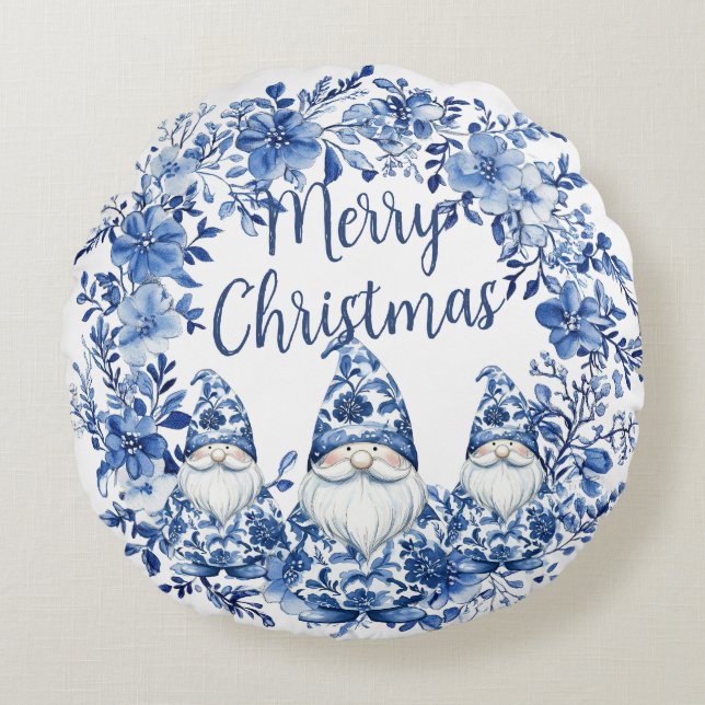 Chinoiserie Blue White Floral Weihnachtsgnomes Rundes Kissen (Vorderseite)