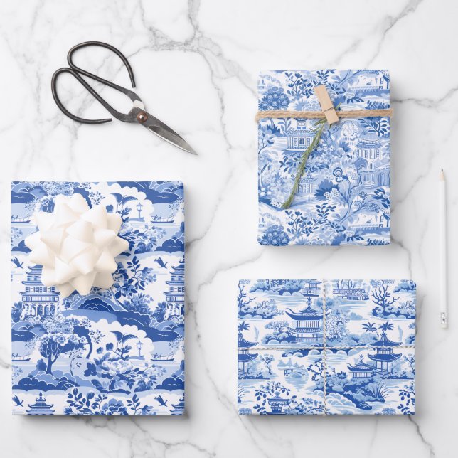Chinoiserie Blue & White Pagodas Geschenkpapier Set (Vorderseite)