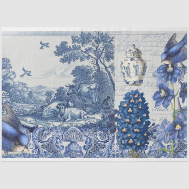 Chinoiserie Blue White Toile Blumenzellenschrift C Seidenpapier (Vorderseite)