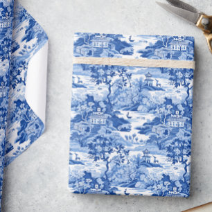 Chinoiserie Blue & White Toile Pagodas Geschenkpapier