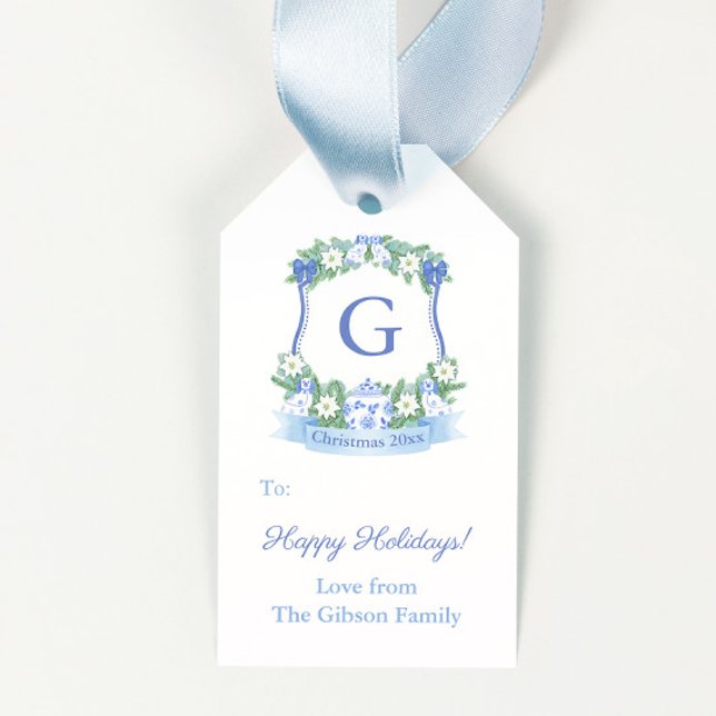 Chinoiserie Blue White Wappen Frohe Weihnachten Geschenkanhänger (Blue and white pottery dogs chinoiserie monogram merry christmas gift tags)