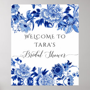Chinoiserie Blue White Welcome Bird Foliage Bridal Poster