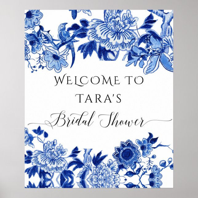 Chinoiserie Blue White Welcome Bird Foliage Bridal Poster (Vorne)