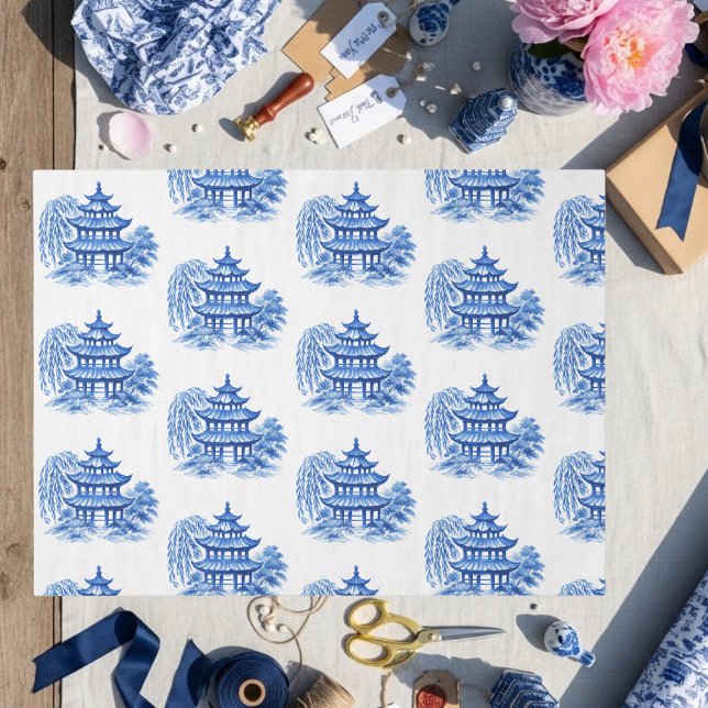 Chinoiserie Blue Willow Pagode Seidenpapier (Chinoiserie Blue Willow Pagoda Tissue Paper)