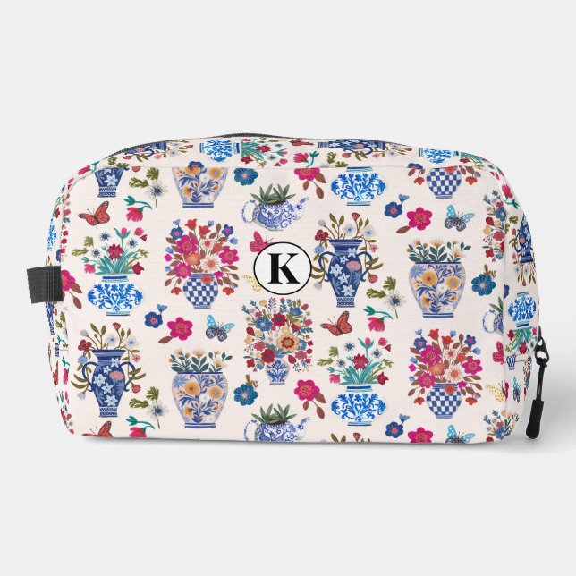 Chinoiserie-Blumen-Monogramm-Kosmetik-Make-up  Waschbeutel (Vorderseite)