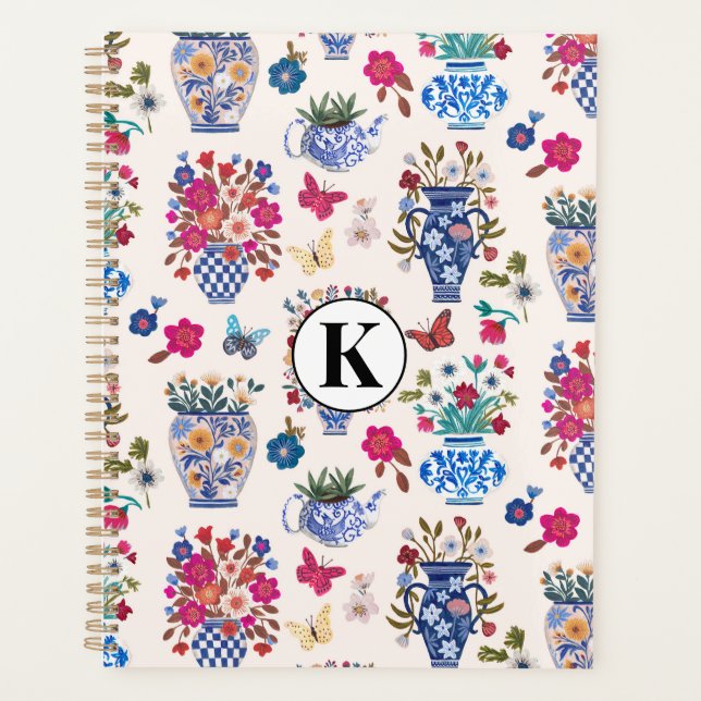 Chinoiserie-Blumen-Monogramm Planer (Vorderseite)
