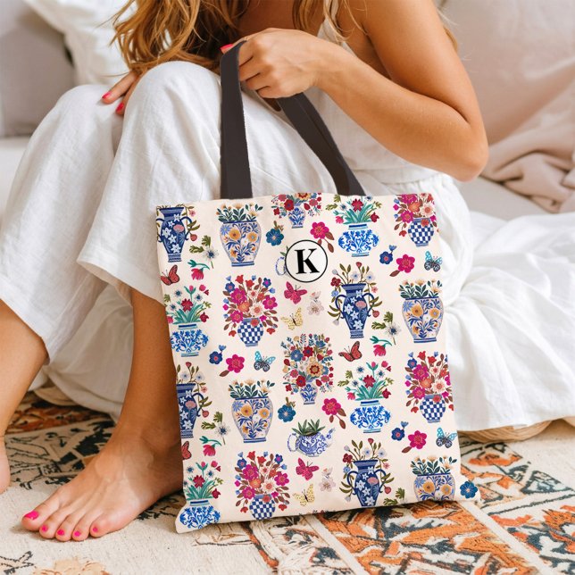Chinoiserie-Blumen-Monogramm-Tasche für Frauen (Chinoiserie Floral Monogram Tote Bag for Women)