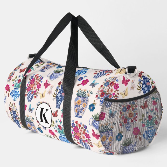 Chinoiserie-Blumen-Monogramm-Wochenendreise-Tasche Duffle Bag (Rechte Ecke)