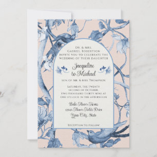 Chinoiserie Blumen Weiß Blau und Rosa Vögel Hochze Einladung
