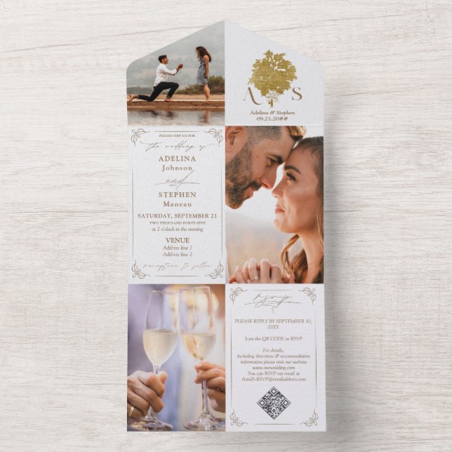 Chinoiserie Bouquet Gold 3 Foto QR Code Wedding All In One Einladung (Innen Boden)