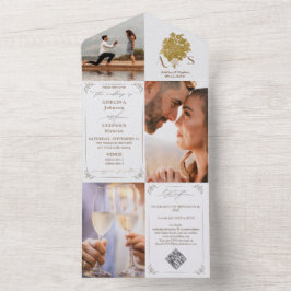 Chinoiserie Bouquet Gold 3 Foto QR Code Wedding All In One Einladung