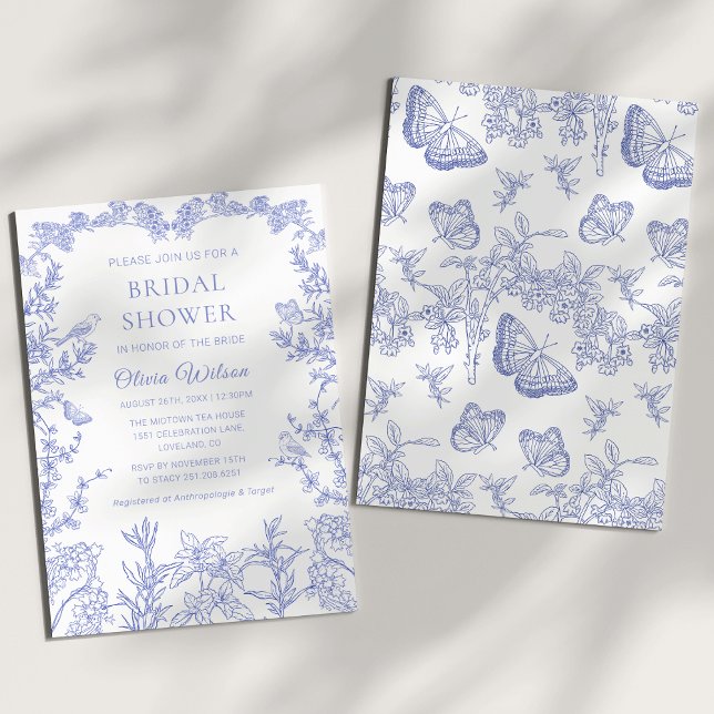 Chinoiserie Brautparty Einladung (Cobalt Blue whimsical Chinoiserie Floral Bridal Shower Invitation)