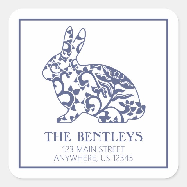 Chinoiserie Bunny Rabbit Rücksendeadressen-Aufkleb Quadratischer Aufkleber (Vorderseite)